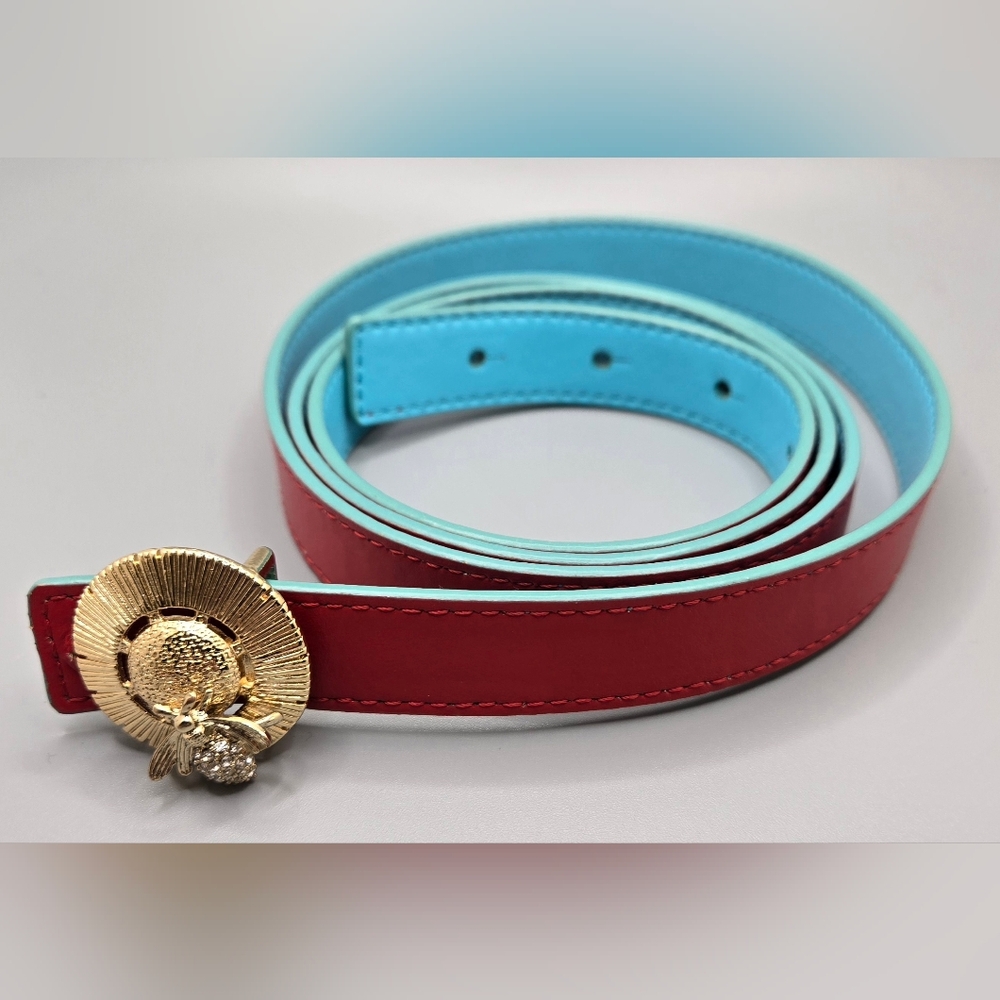 🌞 Women's Belt Red & Lt Blue w/ Gold Tone Buckle Pavé Crystals Bee 40-43" NWOT